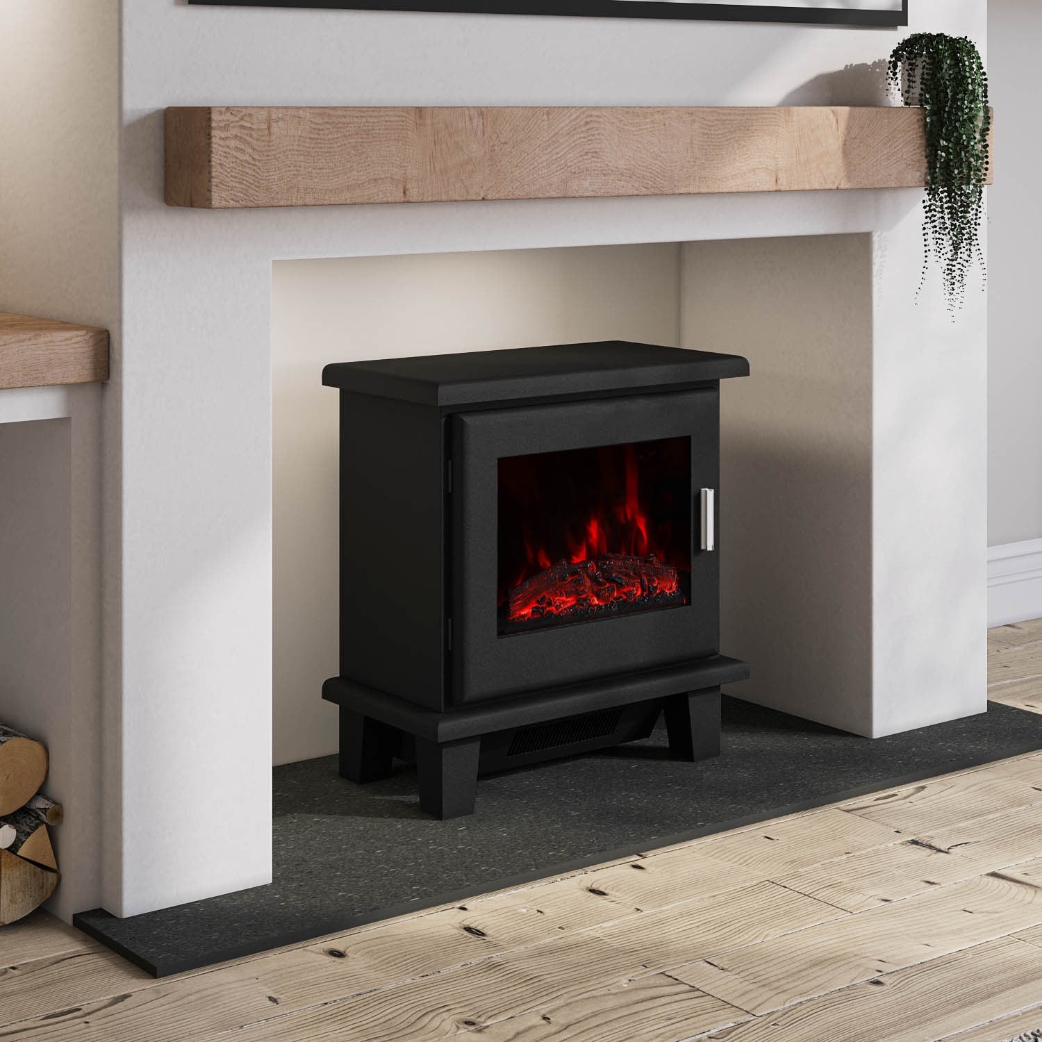 Black Electric Log Burner with 7 LED Colour Options and Chrome Handle