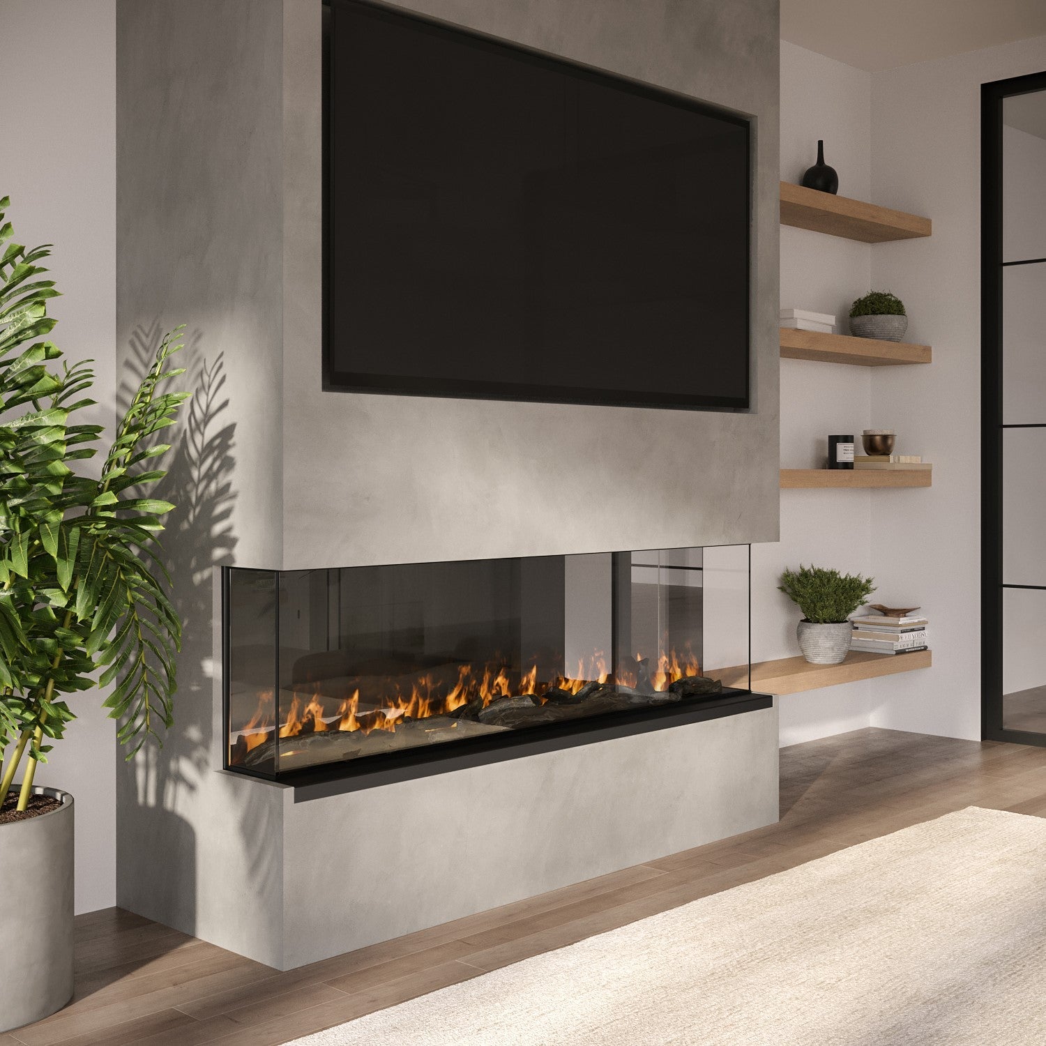 Black Inset Media Wall Electric Fireplace with Glass Configurated Front and Sides 50 Inch